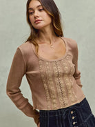 So Me Latte Lace Revival Vintage Wash Lace Crop Knit Top-Women's Shirts & Tops-Shop Z & Joxa