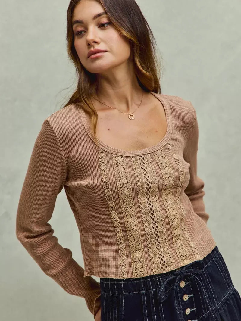 So Me Latte Lace Revival Vintage Wash Lace Crop Knit Top-Women's Shirts & Tops-Shop Z & Joxa