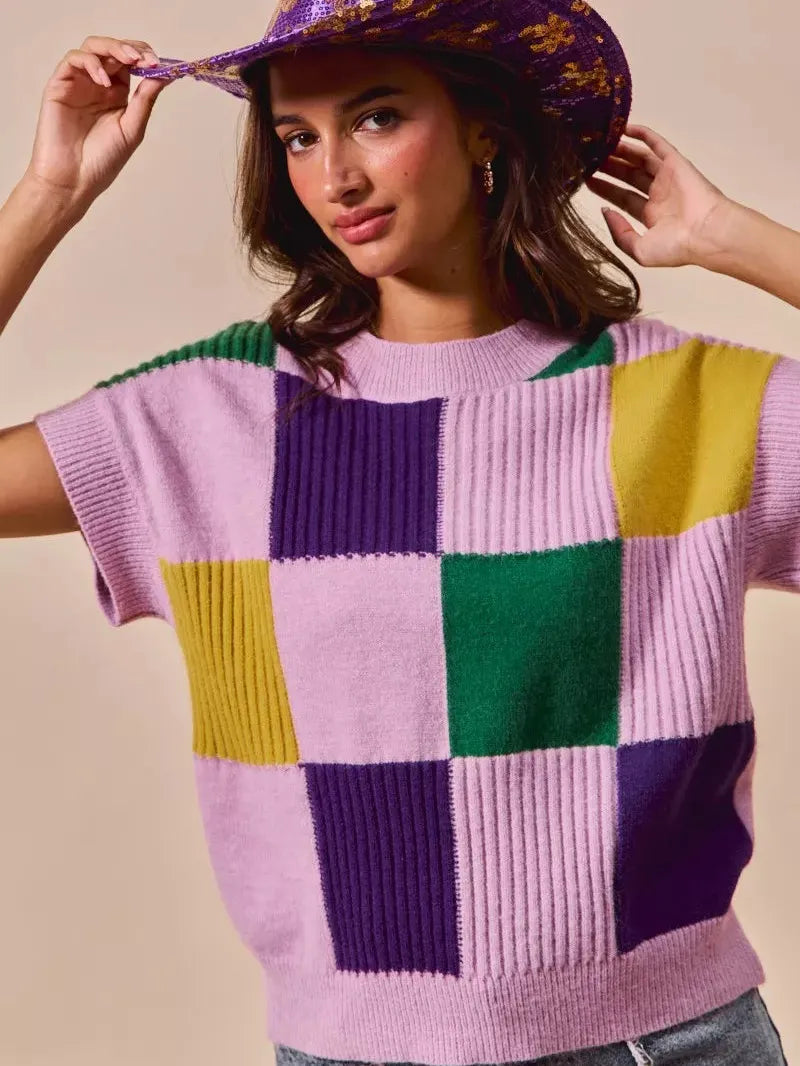 So Me Lavender Checkmate Mardi Gras Plaid Sweater Top-Women's Shirts & Tops-Shop Z & Joxa