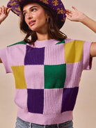 So Me Lavender Checkmate Mardi Gras Plaid Sweater Top-Women's Shirts & Tops-Shop Z & Joxa