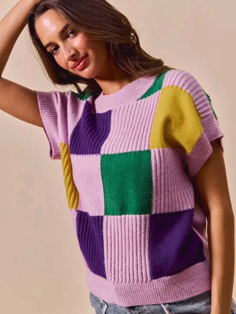 So Me Lavender Checkmate Mardi Gras Plaid Sweater Top-Women's Shirts & Tops-Shop Z & Joxa