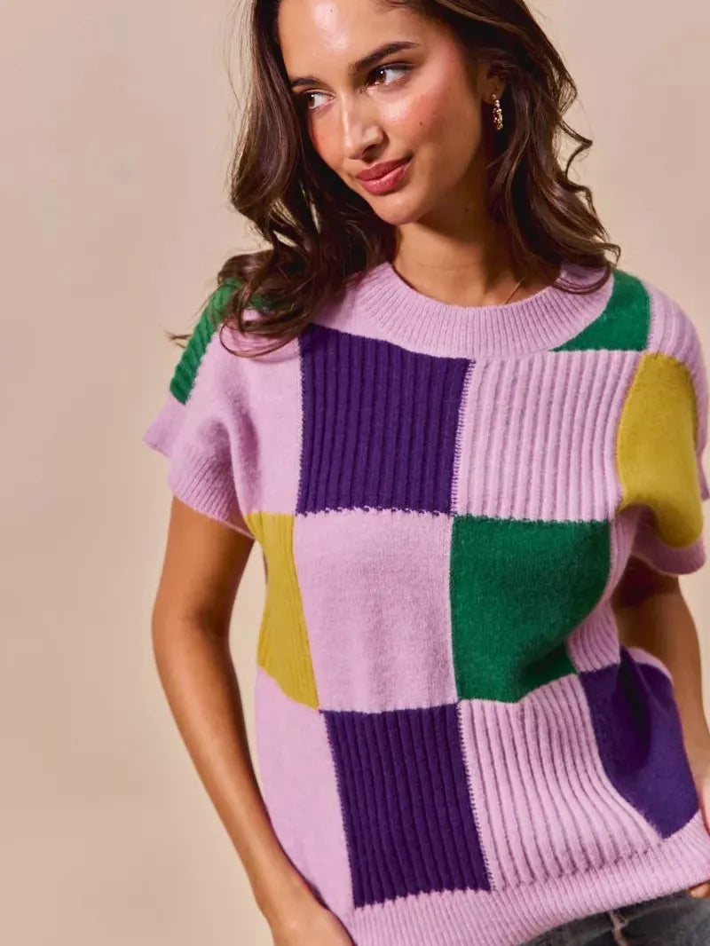 So Me Lavender Checkmate Mardi Gras Plaid Sweater Top-Women's Shirts & Tops-Shop Z & Joxa