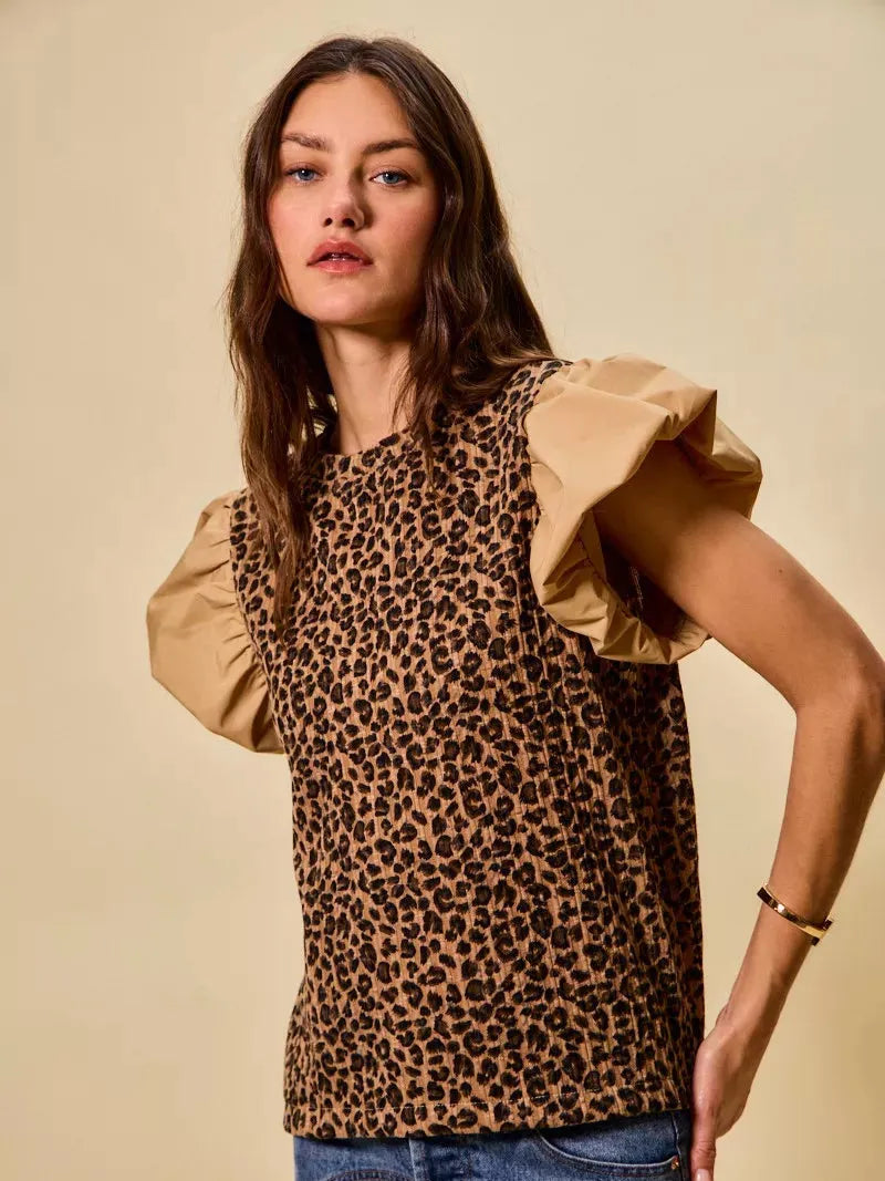 So Me Leopard Luxe Pointelle Knit Top with Puff Sleeves-Women's Shirts & Tops-Shop Z & Joxa