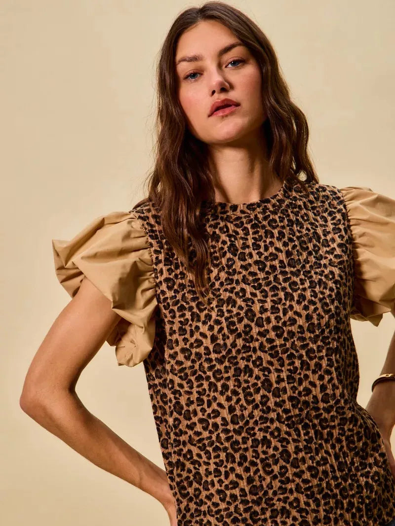 So Me Leopard Luxe Pointelle Knit Top with Puff Sleeves-Women's Shirts & Tops-Shop Z & Joxa