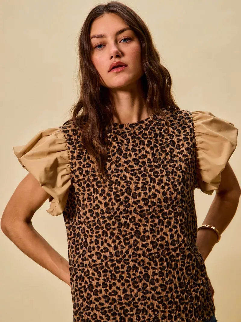 So Me Leopard Luxe Pointelle Knit Top with Puff Sleeves-Women's Shirts & Tops-Shop Z & Joxa