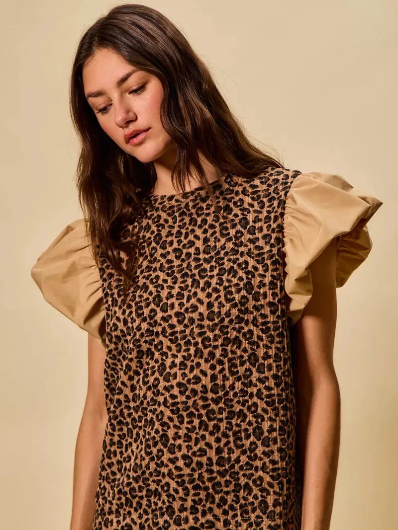 So Me Leopard Luxe Pointelle Knit Top with Puff Sleeves-Women's Shirts & Tops-Shop Z & Joxa