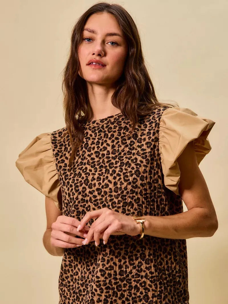 So Me Leopard Luxe Pointelle Knit Top with Puff Sleeves-Women's Shirts & Tops-Shop Z & Joxa