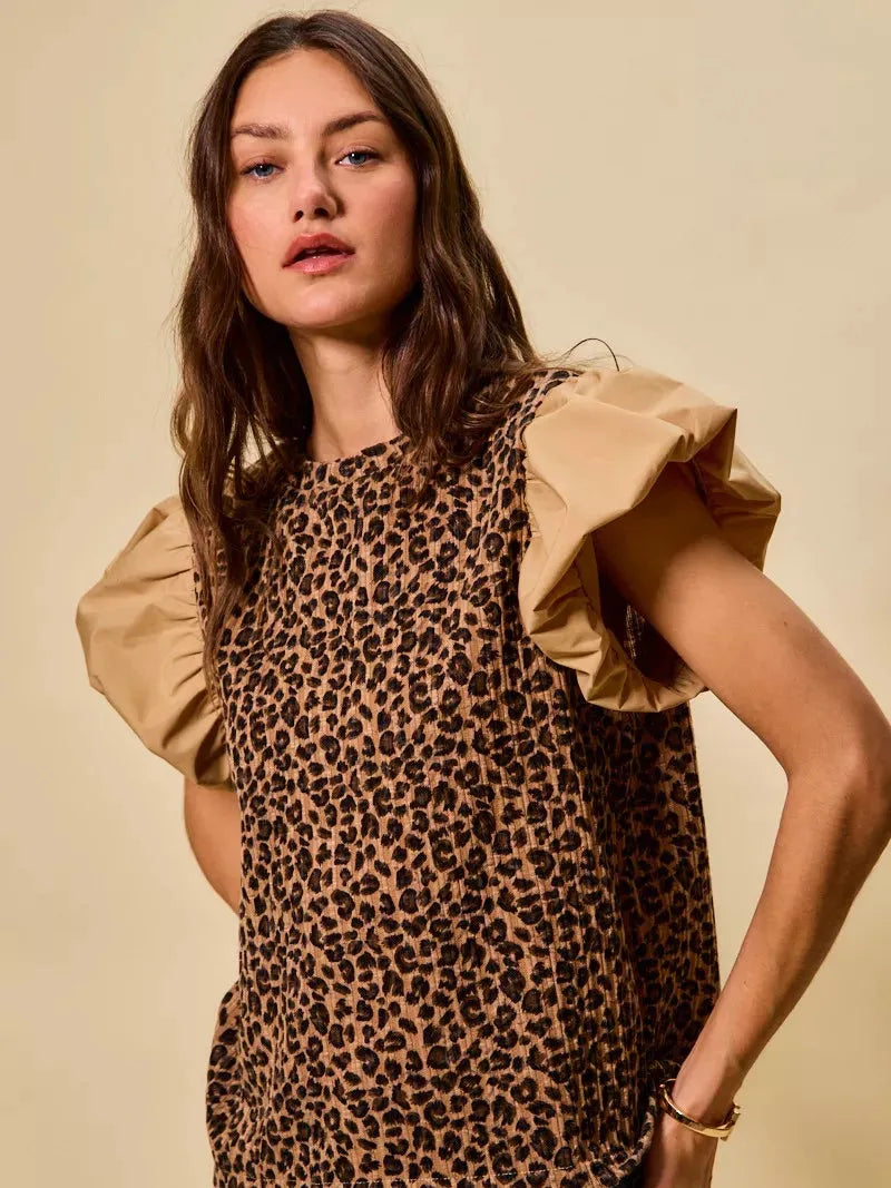 So Me Leopard Luxe Pointelle Knit Top with Puff Sleeves-Women's Shirts & Tops-Shop Z & Joxa