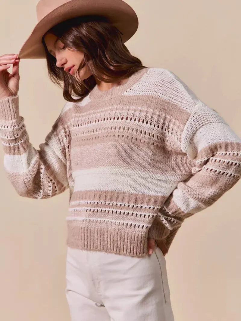 So Me Loosely Luxe Striped Texture Long Sleeve Sweater-Women's Shirts & Tops-Shop Z & Joxa