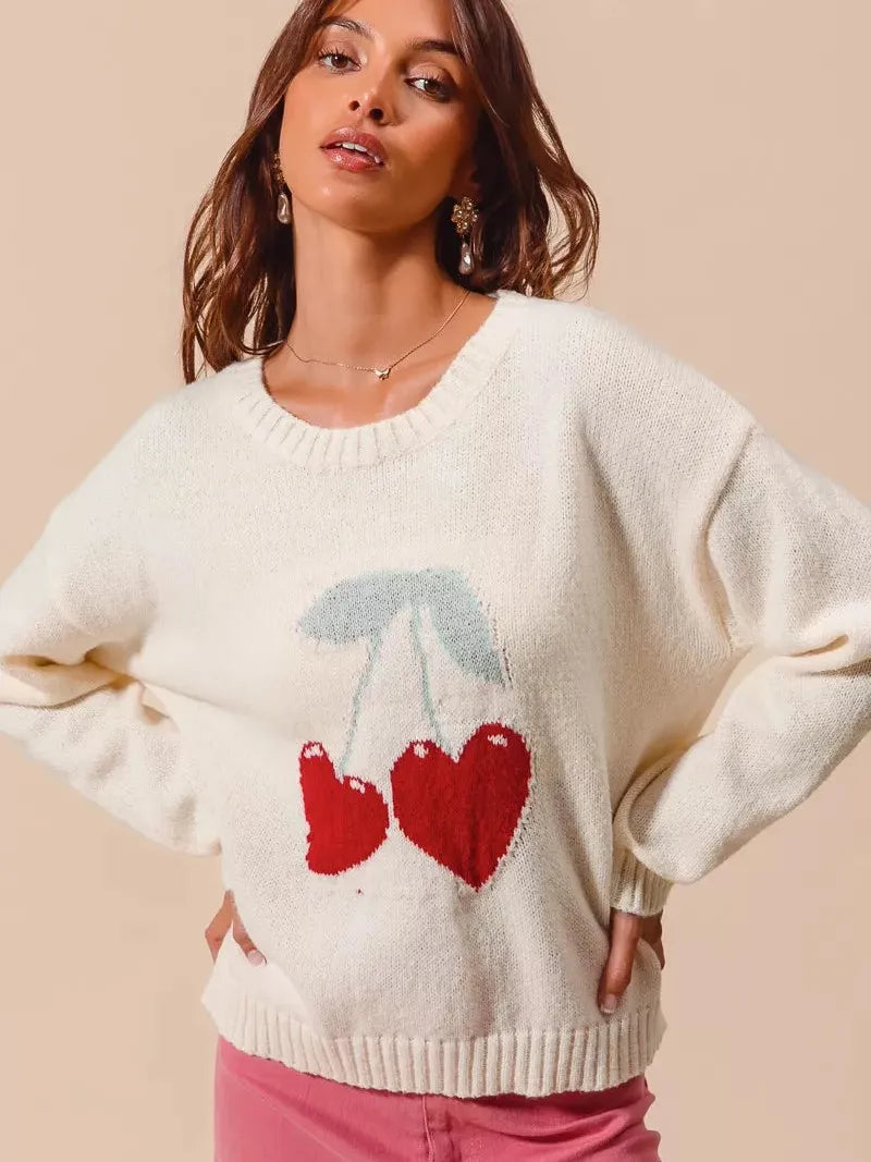 So Me Love & Cherries Knitted Valentine Sweater Top-Women's Shirts & Tops-Shop Z & Joxa