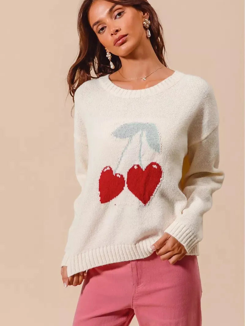 So Me Love & Cherries Knitted Valentine Sweater Top-Women's Shirts & Tops-Shop Z & Joxa