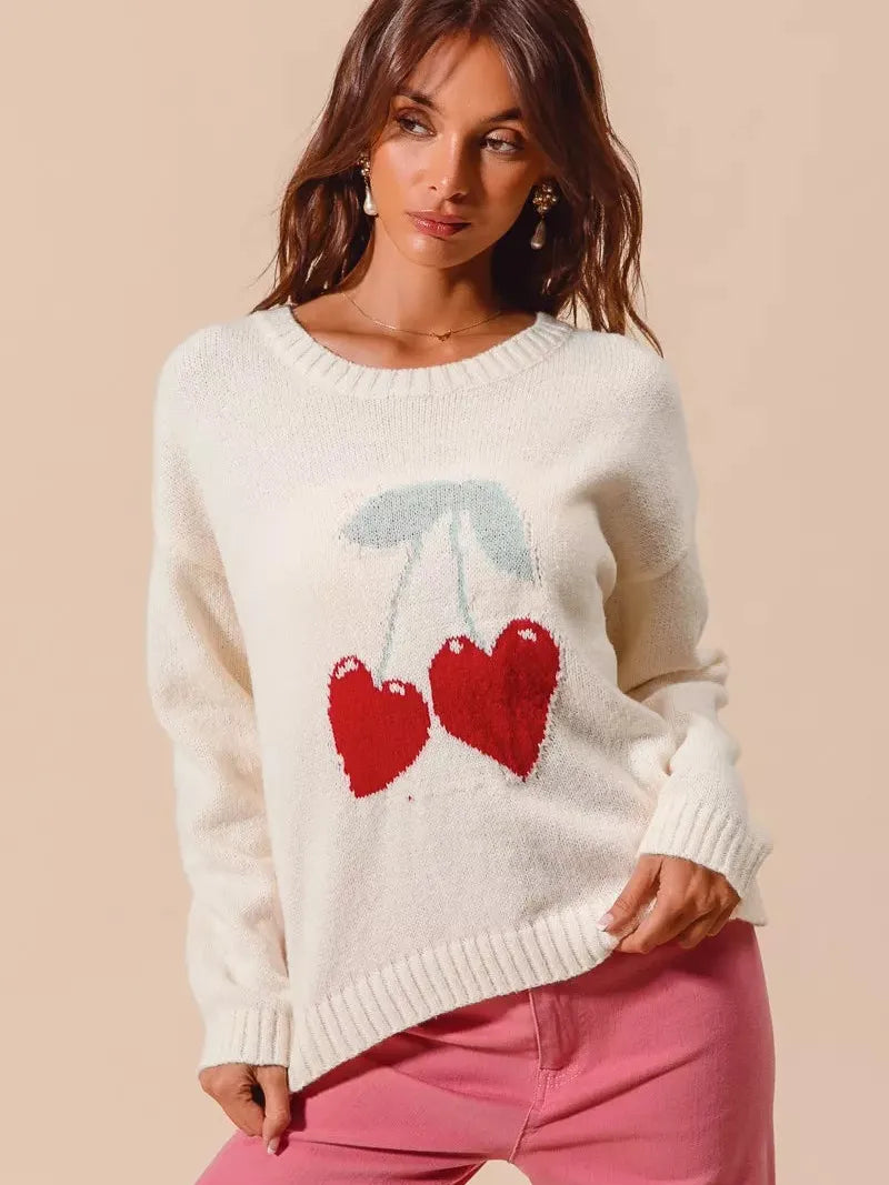 So Me Love & Cherries Knitted Valentine Sweater Top-Women's Shirts & Tops-Shop Z & Joxa