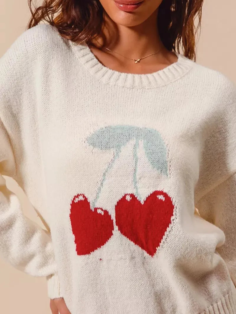So Me Love & Cherries Knitted Valentine Sweater Top-Women's Shirts & Tops-Shop Z & Joxa