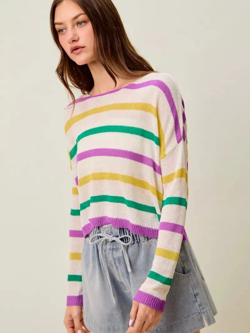 So Me Mardi Chic Color Stripe Lightweight Sweater Top-Women's Shirts & Tops-Shop Z & Joxa
