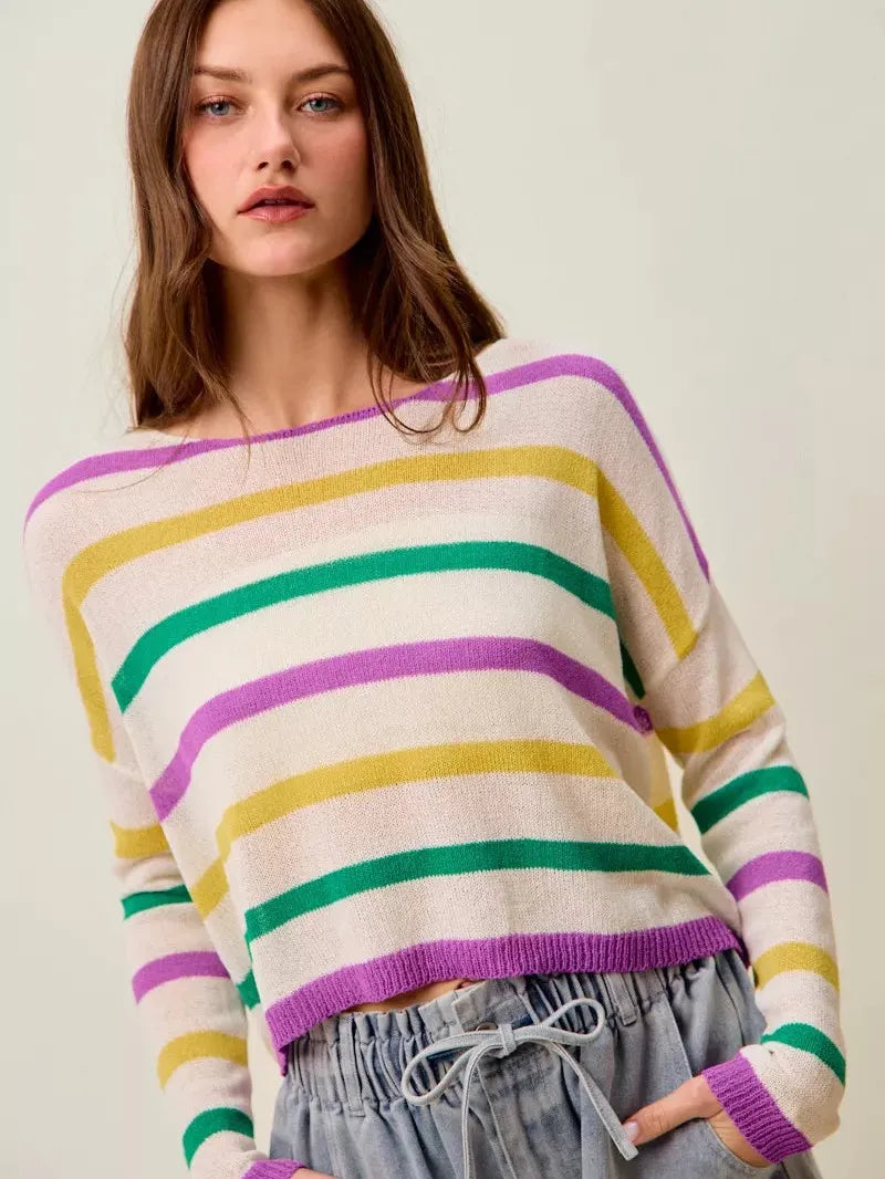 So Me Mardi Chic Color Stripe Lightweight Sweater Top-Women's Shirts & Tops-Shop Z & Joxa