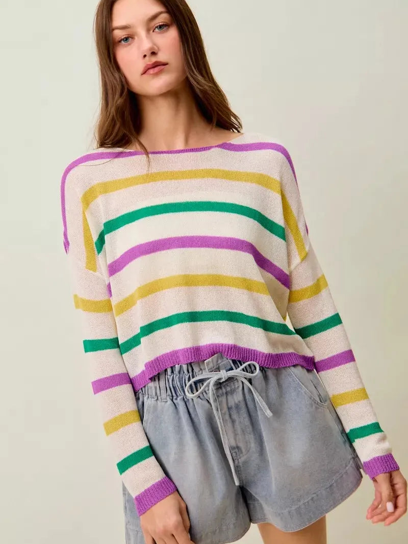 So Me Mardi Chic Color Stripe Lightweight Sweater Top-Women's Shirts & Tops-Shop Z & Joxa