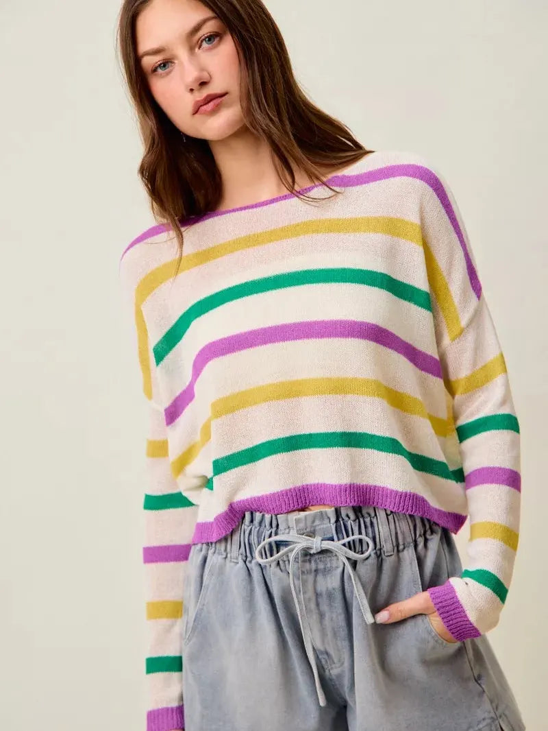 So Me Mardi Chic Color Stripe Lightweight Sweater Top-Women's Shirts & Tops-Shop Z & Joxa