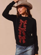 So Me Midnight Sparkle Bow Sequence Ribbon Christmas Sweater-Women's Shirts & Tops-Shop Z & Joxa