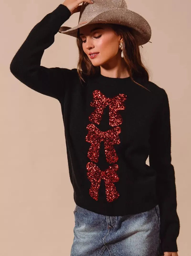 So Me Midnight Sparkle Bow Sequence Ribbon Christmas Sweater-Women's Shirts & Tops-Shop Z & Joxa