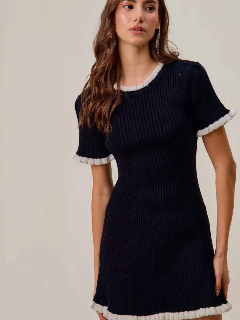 So Me Mini Moments Ruffled Sweater Knit Mini Dress in Black-Women's Dresses-Shop Z & Joxa