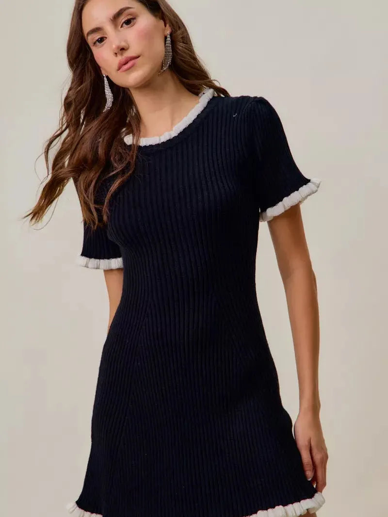 So Me Mini Moments Ruffled Sweater Knit Mini Dress in Black-Women's Dresses-Shop Z & Joxa