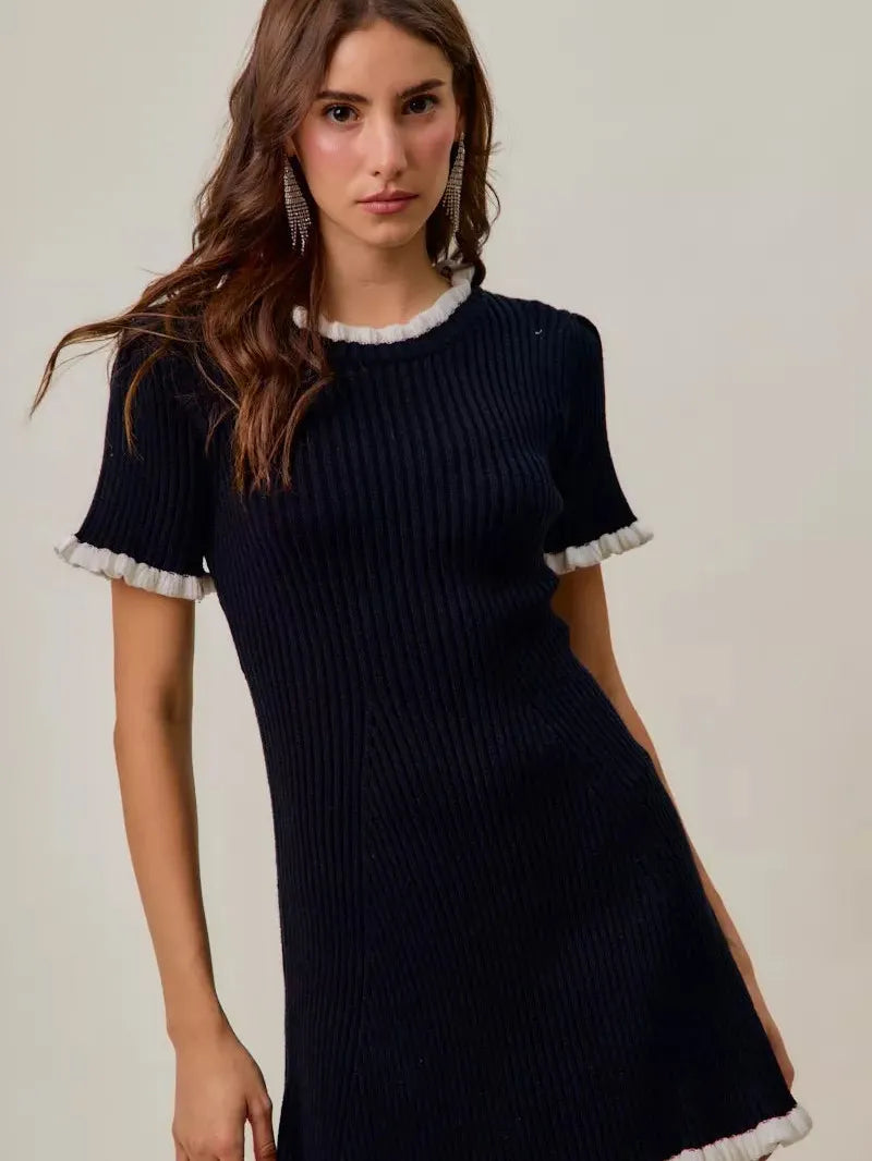 So Me Mini Moments Ruffled Sweater Knit Mini Dress in Black-Women's Dresses-Shop Z & Joxa