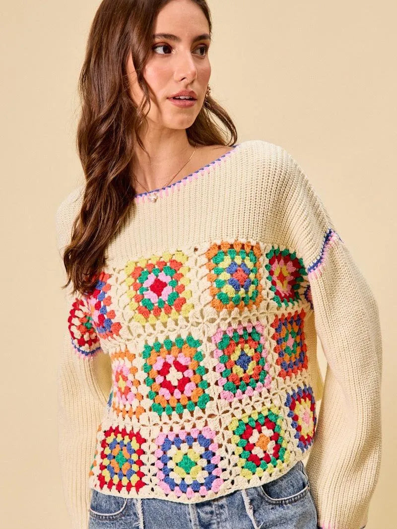 So Me Patchwork Charm Multi Color Granny Crochet Sweater Top-Women's Shirts & Tops-Shop Z & Joxa