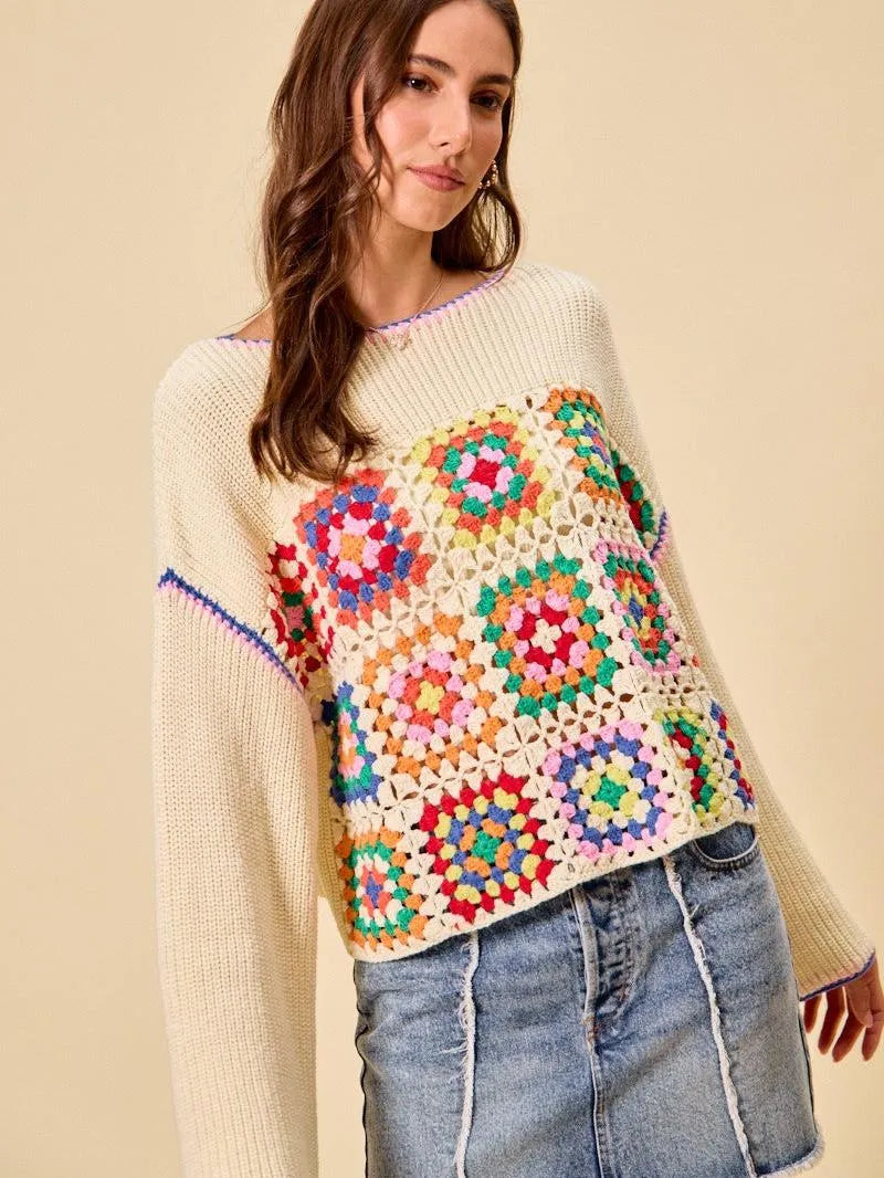So Me Patchwork Charm Multi Color Granny Crochet Sweater Top-Women's Shirts & Tops-Shop Z & Joxa