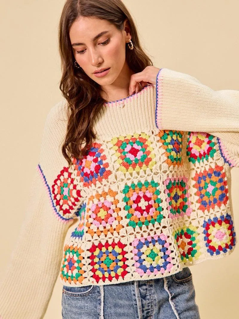 So Me Patchwork Charm Multi Color Granny Crochet Sweater Top-Women's Shirts & Tops-Shop Z & Joxa
