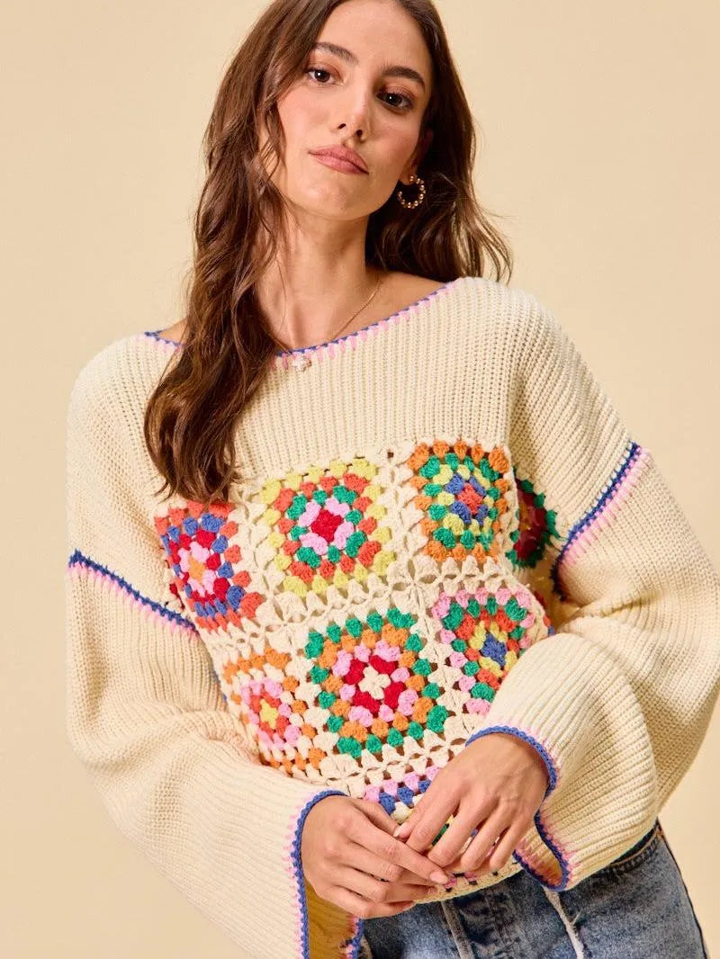 So Me Patchwork Charm Multi Color Granny Crochet Sweater Top-Women's Shirts & Tops-Shop Z & Joxa