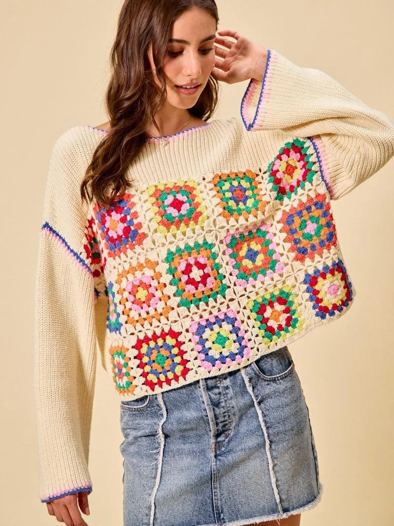 So Me Patchwork Charm Multi Color Granny Crochet Sweater Top-Women's Shirts & Tops-Shop Z & Joxa
