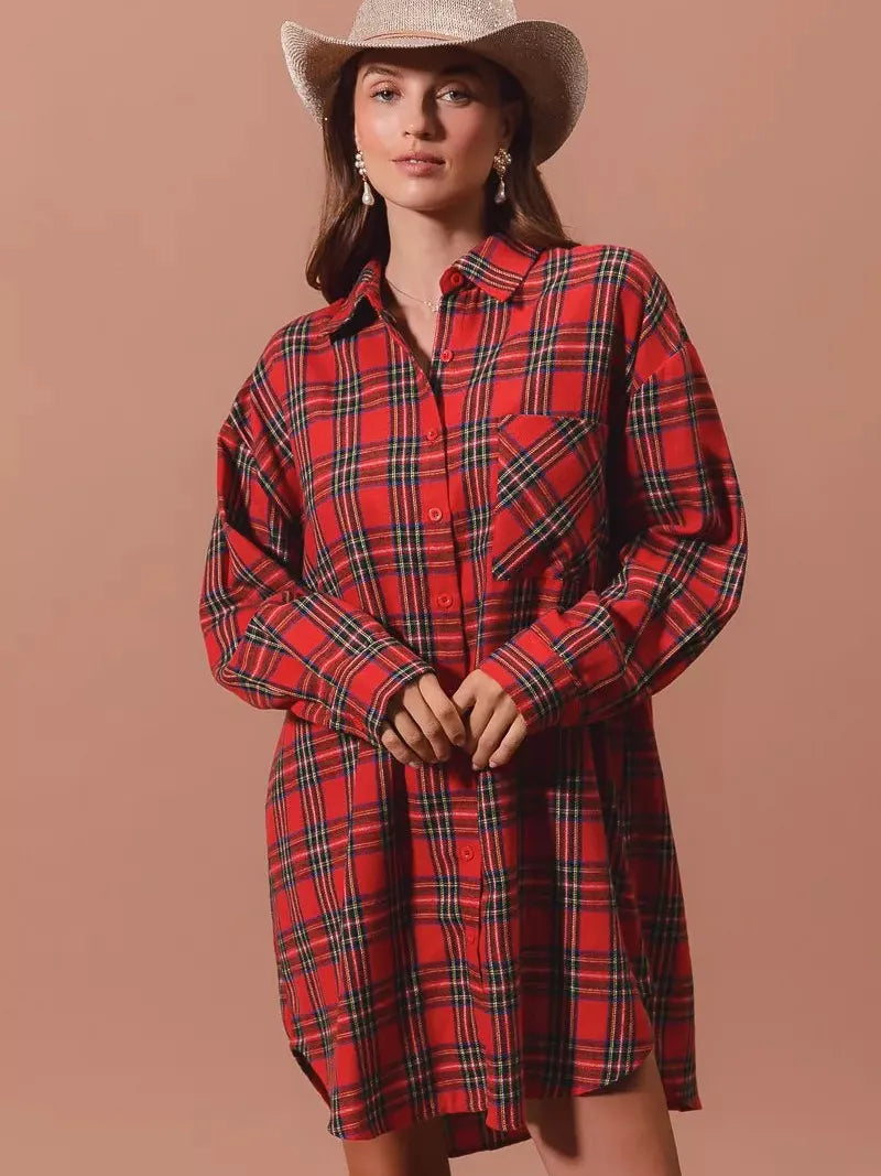 So Me Plaid Escape Button Up Plaid Shirt Dress-Shirts & Tops-Shop Z & Joxa