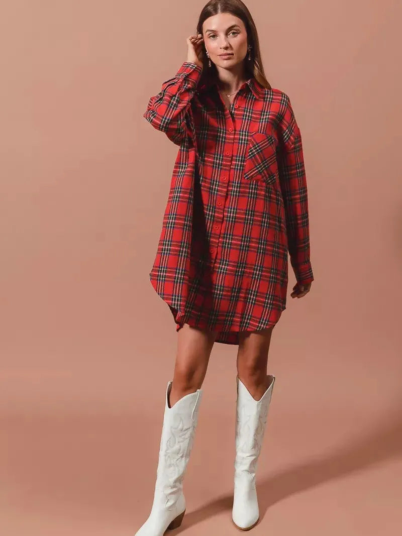 So Me Plaid Escape Button Up Plaid Shirt Dress-Shirts & Tops-Shop Z & Joxa