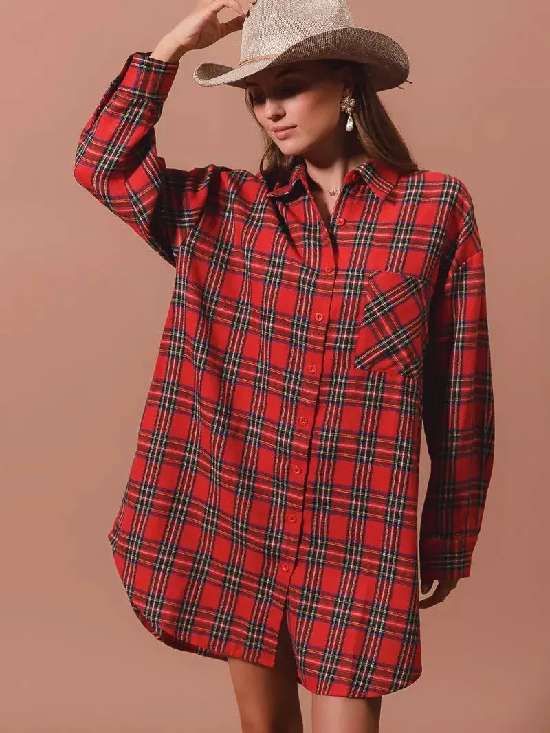 So Me Plaid Escape Button Up Plaid Shirt Dress-Shirts & Tops-Shop Z & Joxa