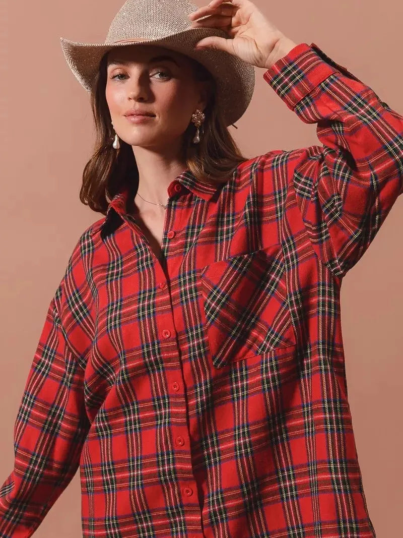 So Me Plaid Escape Button Up Plaid Shirt Dress-Shirts & Tops-Shop Z & Joxa