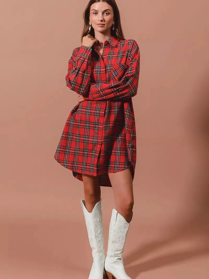 So Me Plaid Escape Button Up Plaid Shirt Dress-Shirts & Tops-Shop Z & Joxa