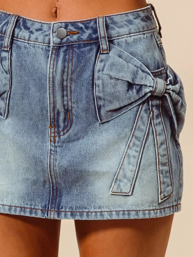 So Me Pocket Full of Bows Denim Mini Skirt-Mini Skirts-Shop Z & Joxa