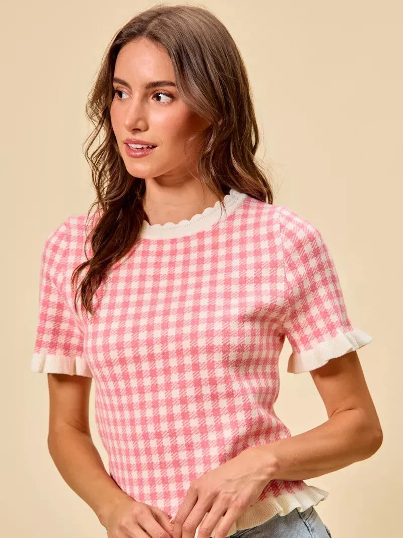 So Me Pretty in Pink Gingham Ruffled Short Sleeve Sweater Top-Shirts & Tops-Shop Z & Joxa
