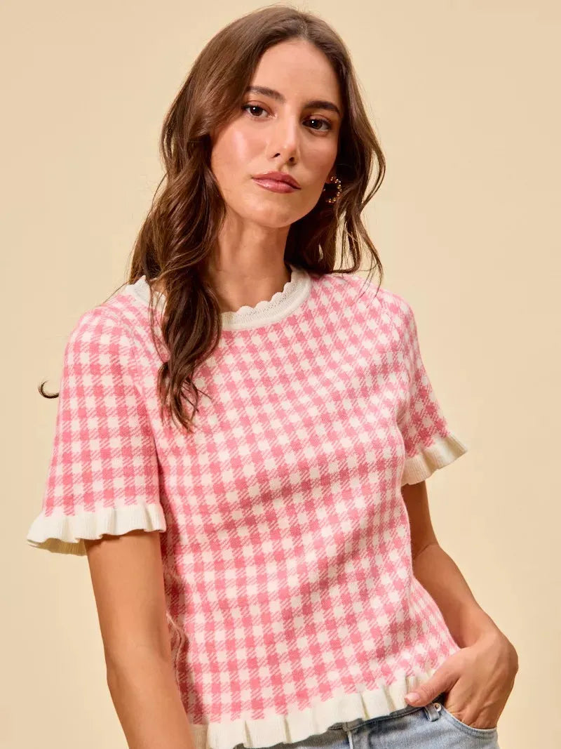 So Me Pretty in Pink Gingham Ruffled Short Sleeve Sweater Top-Shirts & Tops-Shop Z & Joxa