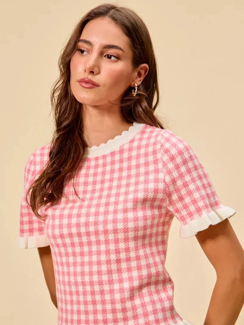 So Me Pretty in Pink Gingham Ruffled Short Sleeve Sweater Top-Shirts & Tops-Shop Z & Joxa