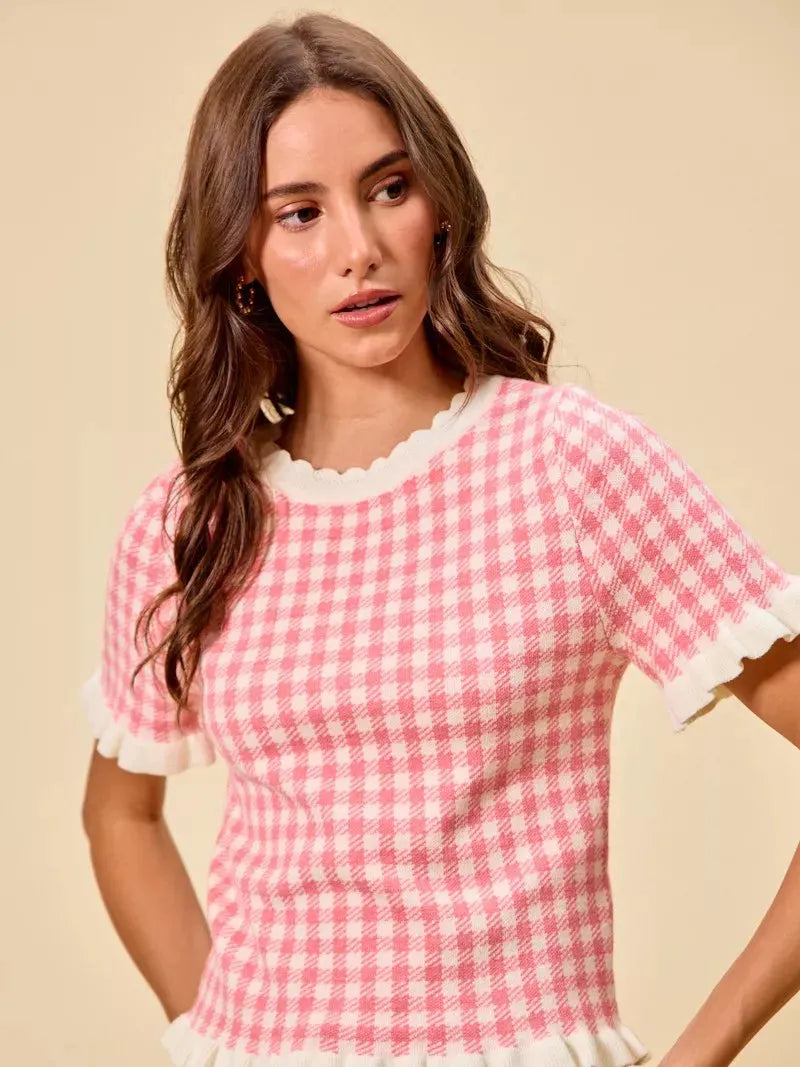So Me Pretty in Pink Gingham Ruffled Short Sleeve Sweater Top-Shirts & Tops-Shop Z & Joxa