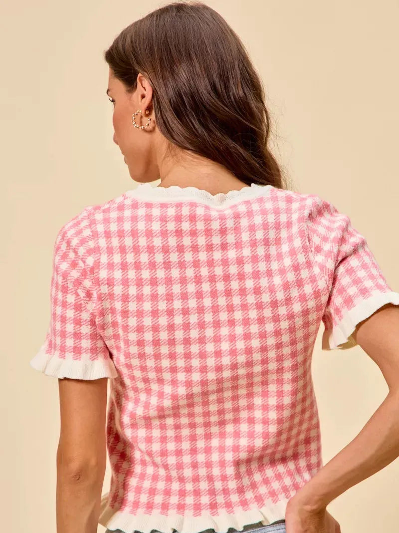 So Me Pretty in Pink Gingham Ruffled Short Sleeve Sweater Top-Shirts & Tops-Shop Z & Joxa