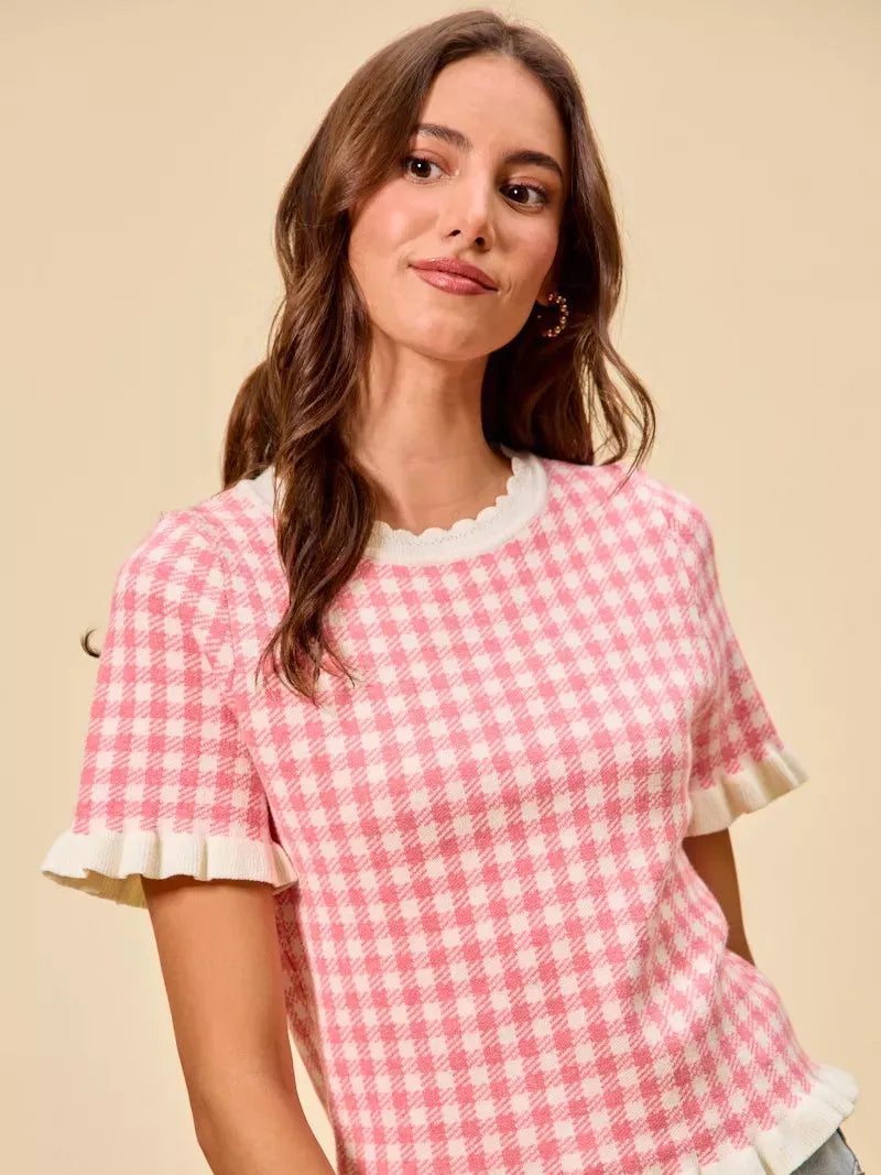 So Me Pretty in Pink Gingham Ruffled Short Sleeve Sweater Top-Shirts & Tops-Shop Z & Joxa