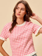 So Me Pretty in Pink Gingham Ruffled Short Sleeve Sweater Top-Shirts & Tops-Shop Z & Joxa