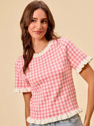 So Me Pretty in Pink Gingham Ruffled Short Sleeve Sweater Top-Shirts & Tops-Shop Z & Joxa