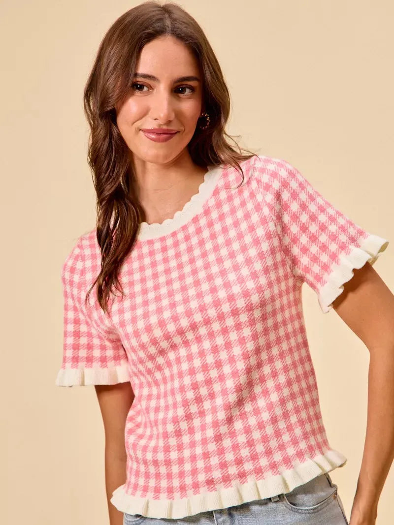 So Me Pretty in Pink Gingham Ruffled Short Sleeve Sweater Top-Shirts & Tops-Shop Z & Joxa