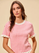 So Me Pretty in Pink Gingham Ruffled Short Sleeve Sweater Top-Shirts & Tops-Shop Z & Joxa