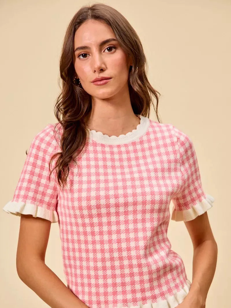 So Me Pretty in Pink Gingham Ruffled Short Sleeve Sweater Top-Shirts & Tops-Shop Z & Joxa