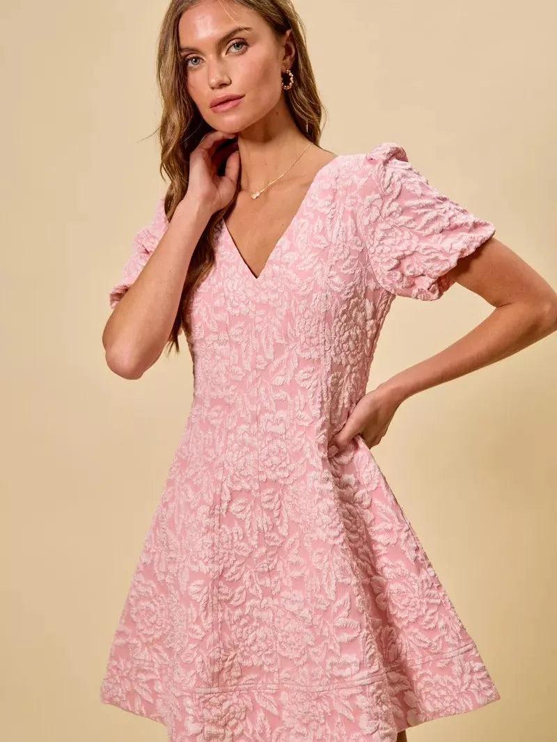So Me Pretty in Pink Jacquard Flare Mini Dress-Women's Dresses-Shop Z & Joxa
