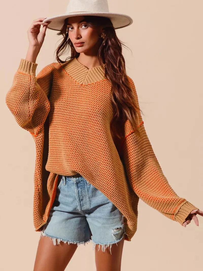 So Me Relaxed Radiance Oversized Textured V Neck Sweater-Women's Shirts & Tops-Shop Z & Joxa